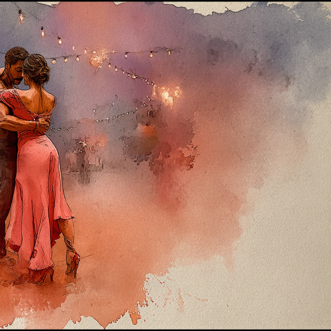 Watercolor of dancers under café lights