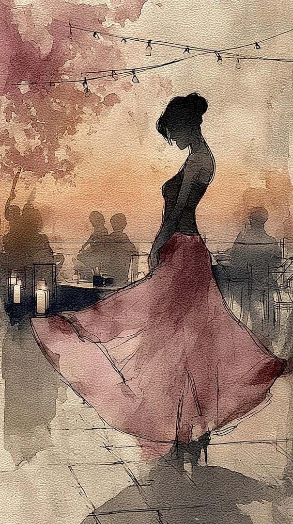 Woman in flowing pink dress, silhouetted at sundown