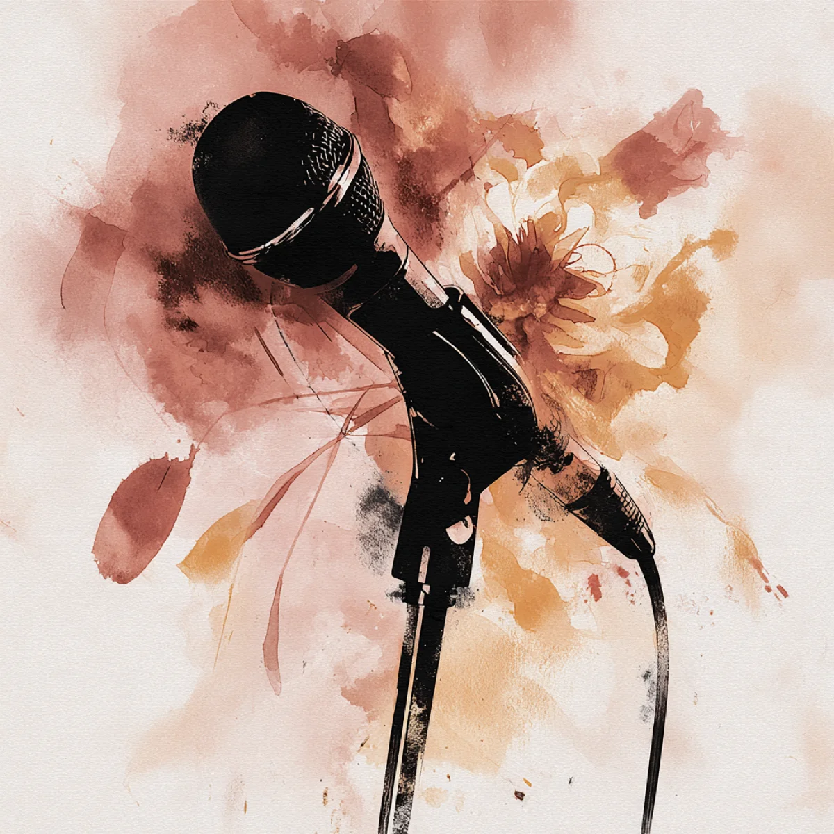 Watercolor microphone setup at a Phoenix cafe — open mic + show-and-tell at ShareCraft May 30