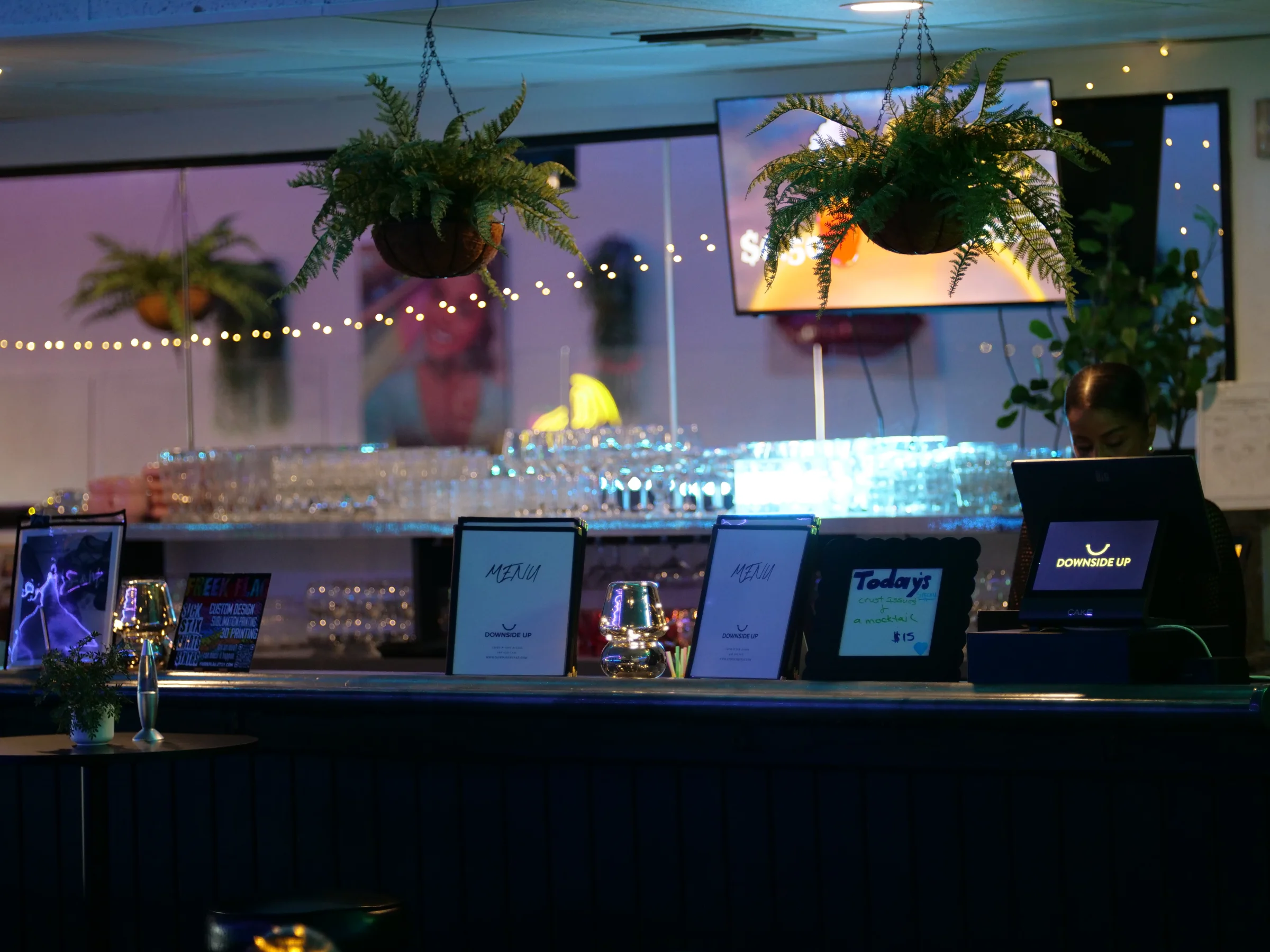 Warm lighting detail — Downside Up interior fixture in close-up