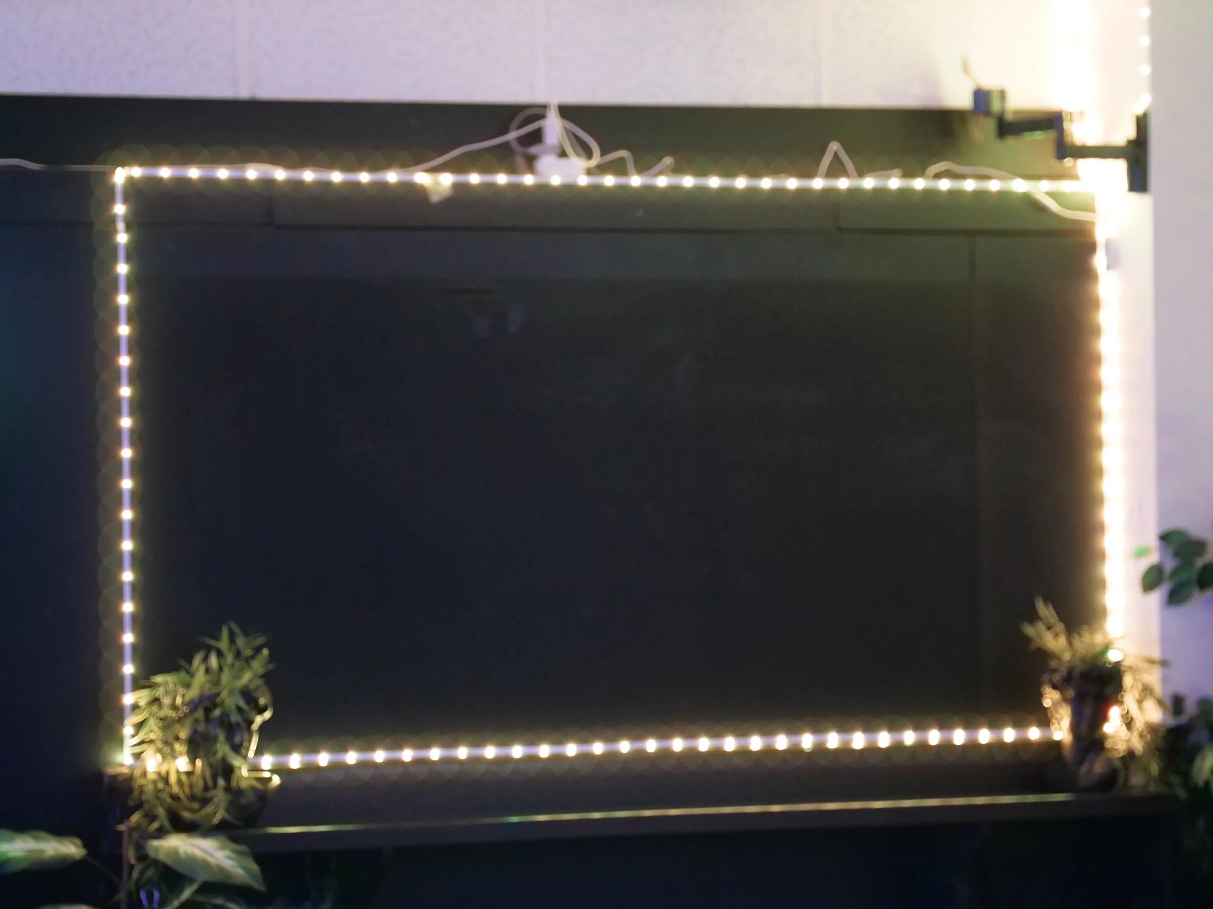 Downside Up — warm string-light frame on the venue wall